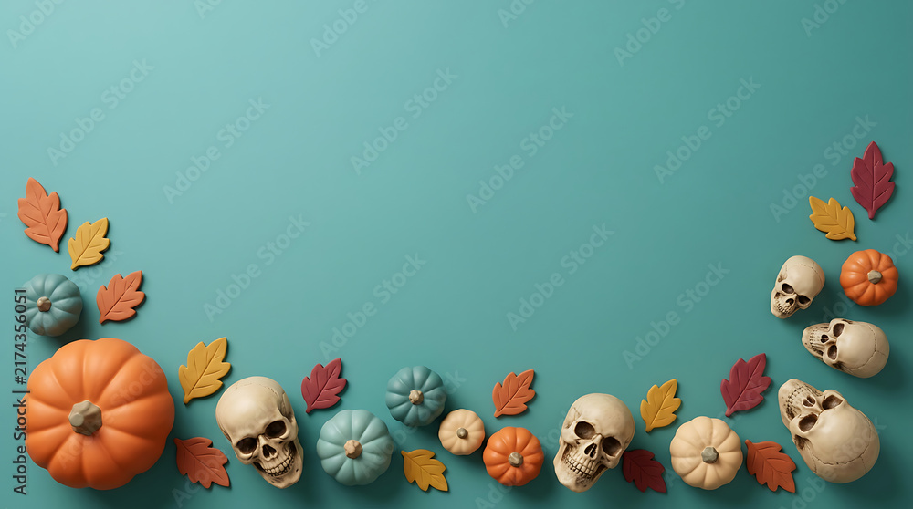 Fototapeta premium Flat lay composition featuring decorative pumpkins and human skulls arranged with colorful autumn leaves on a solid teal background for a festive halloween celebration