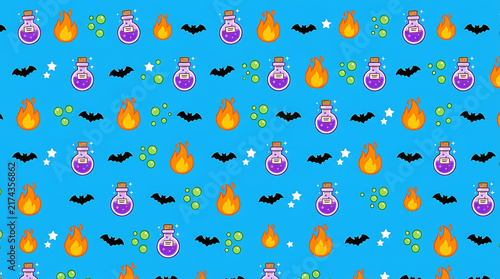 Halloween pattern with pumpkins ghosts bats moons and stars for holiday decoration and spooky party backgrounds