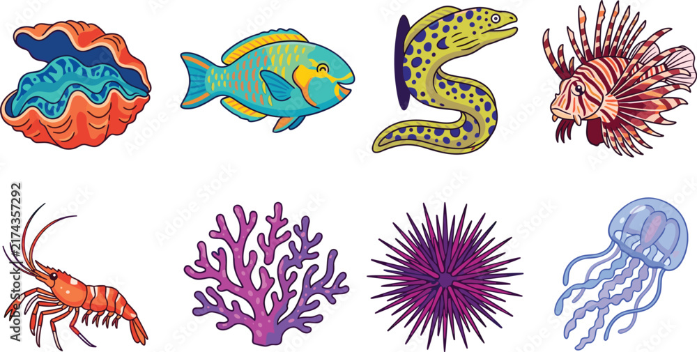 Obraz premium Cartoon vector illustrations of marine life including clam, parrotfish, moray eel, lionfish, lobster, coral, urchin, jellyfish