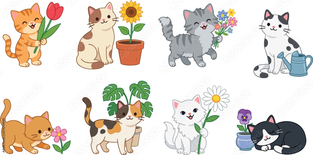 Obraz premium Cartoon vector illustrations of cute cats with flowers, plants, watering can, bouquet, daisy, tulip, sunflower, monstera