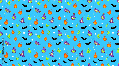 Halloween pattern with pumpkins ghosts bats moons and stars for holiday decoration and spooky party backgrounds