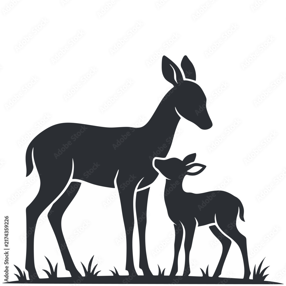 Fototapeta premium Mother Doe Deer and Fawn Silhouette Vector Illustration Isolated on White Background