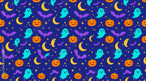 Halloween pattern with pumpkins ghosts bats moons and stars for holiday decoration and spooky party backgrounds