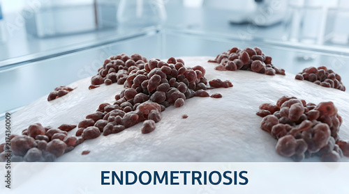 Medical illustration depicting endometriosis condition with tissue growth inside human