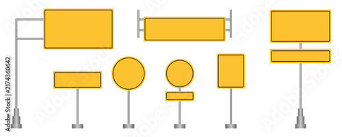 Yellow street signs set. Big set of traffic signs. Direction sing. Vector illustration.