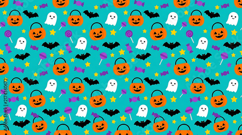 Halloween pattern with pumpkins ghosts candy and bats for trick or treat bags and party supplies