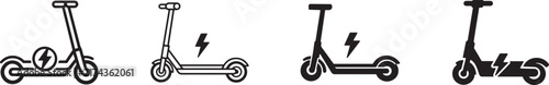 Black and white electric scooter icon set in multiple styles for modern urban transportation designs.