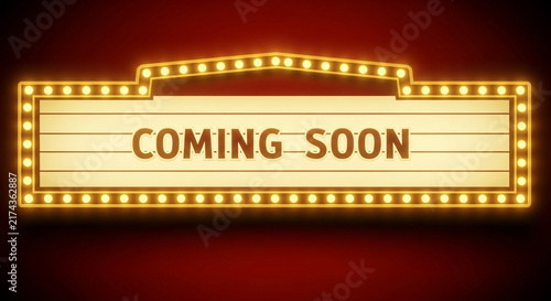 Vintage marquee sign with coming soon text, retro theater light box on red background, glowing cinema billboard for movie premiere