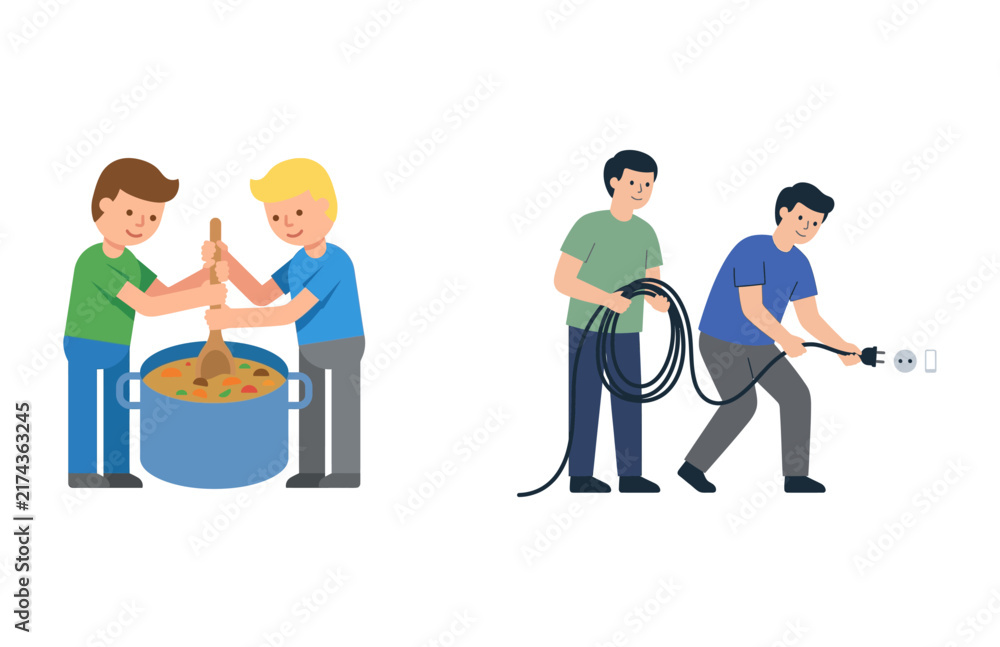 Fototapeta premium Vector illustration of two sets of men collaborating, cooking together, and handling cables
