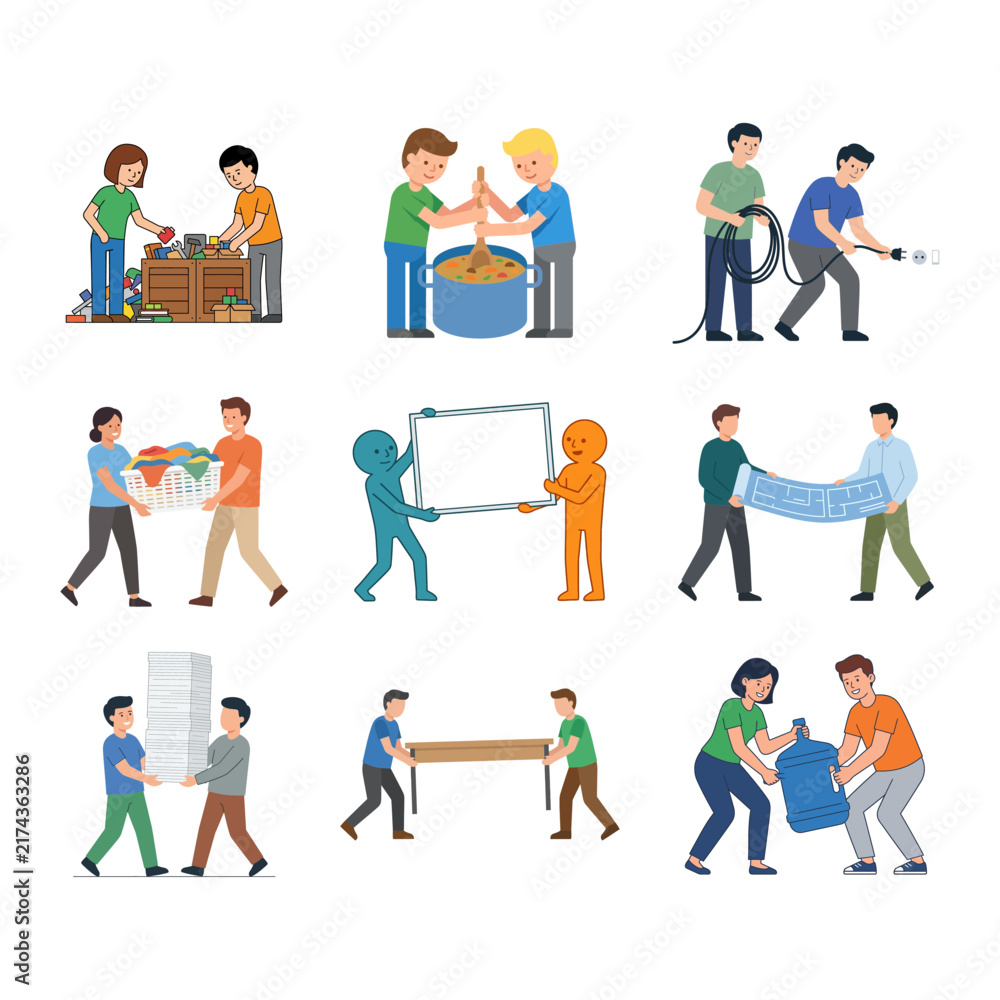 Fototapeta premium Vector collection of teamwork and cooperation concepts with people working together on various tasks