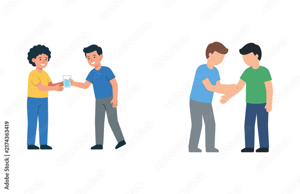 Obraz premium Illustration of diverse children engaging in acts of kindness and showing friendship through sharing and helping