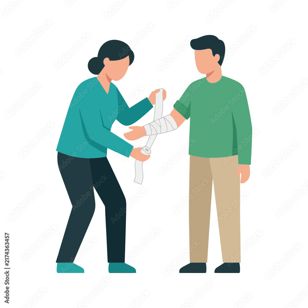 Obraz premium Professional Healthcare Worker Providing First Aid Treatment by Bandaging a Patient's Injured Arm