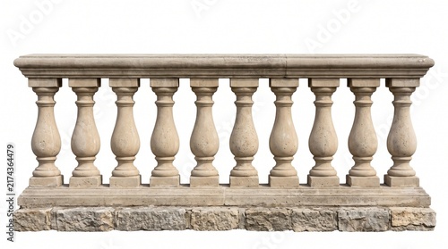 Ornate stone balustrade with turned balusters on white background, classical architecture detail