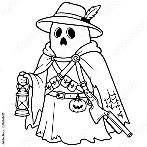 Title: Spooky Grim Reaper Halloween Character Black Outline Illustration