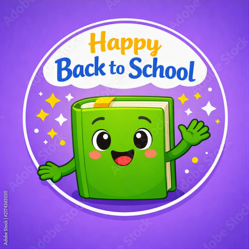 Cartoon illustration of a smiling green book waving on a purple background with sparkling stars and “Happy Back to School” text, symbolizing joy and excitement for the new school season.