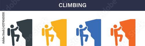 Climbing Solid Icon Set. Rock climbing, adventure, mountain, outdoor, sport and extreme activity vector icons.