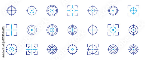 Blue target icons. Focus symbol in circle. Isolated gun shoot aim set. Bullseye vision collection. Round aiming focus. Gun sight crosshairs. Vector crosshair set on white background.