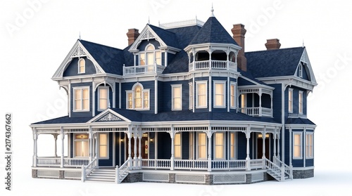 Elegant 3D Victorian mansion model with intricate details and warm interior lighting