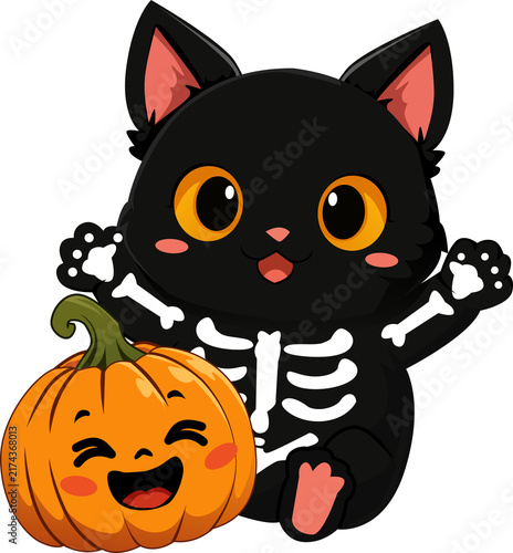 Foto Happy black skeleton cat with pumpkin is a festive fall mascot perfect for holiday spirit