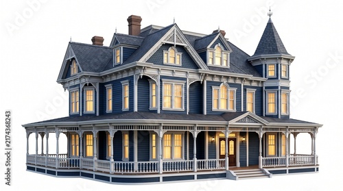 Ornate Victorian mansion 3D model with intricate details and warm lighting