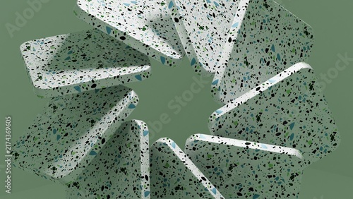 Obraz na plátně Terrazzo pattern on pinwheel arrangement of stone slabs, speckled slabs spiral around an empty center against a smooth sage green background