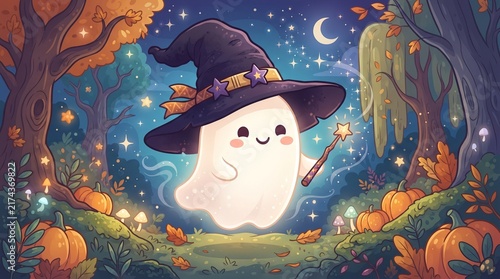 Cute cartoon ghost wearing a wizard hat and holding a magic wand in a mystical autumn forest at night