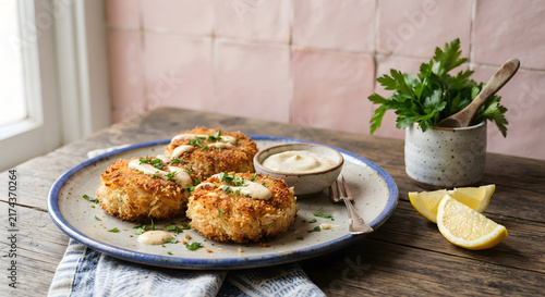 Freshly Cooked Crab Cakes on a Rustic Plate with Tartar Sauce