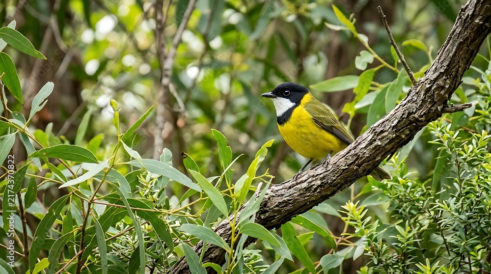Fototapeta premium Bright yellow and black bird perched on branch