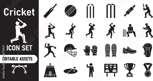 Cricket sport icon set with equipment and player silhouettes