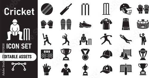 Cricket sport icon set with equipment and player silhouettes