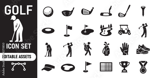 Set of black golf icons featuring equipment and players