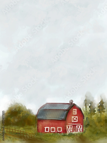 Watercolor red barn house countryside landscape background with copy space
