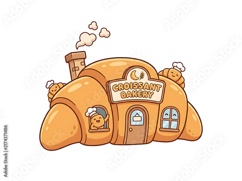 Cute bakery building shaped like giant golden croissant with happy characters and smoking chimney for kid friendly food branding and poster artwork.