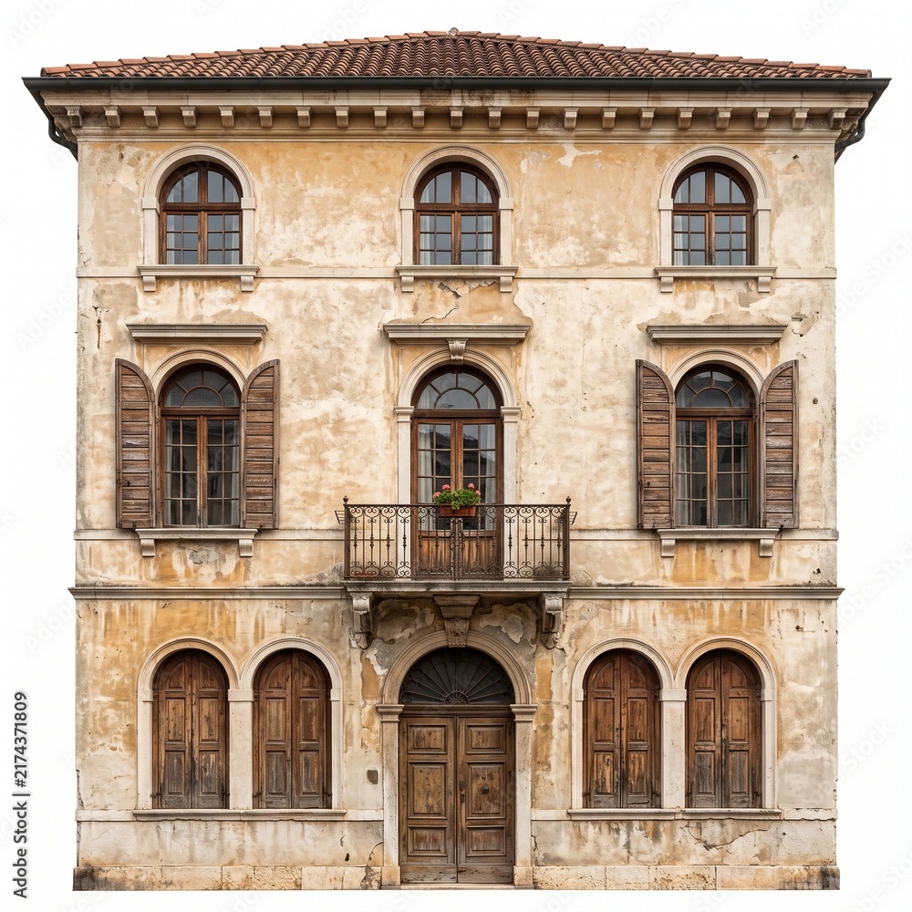 Fototapeta premium Historic Italianate building facade with arched windows and wooden shutters in soft sunlight