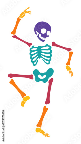 Colorful cartoon skeleton dancing on white background