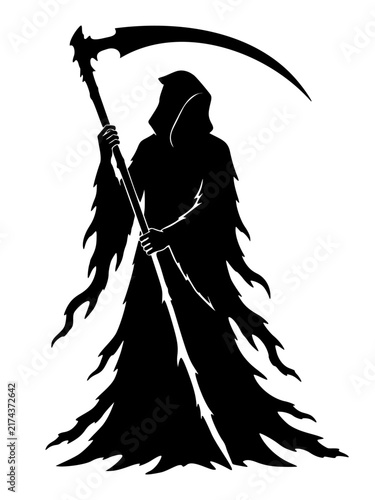 Grim Reaper silhouette holding scythe on white background