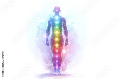 Figure stands with a glowing multicolored aura, representing energy and connection to spirituality in a mystic setting
