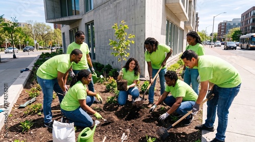 Diverse group of volunteers planting trees and gardening in urban community project