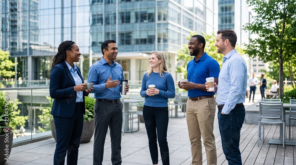 Fototapeta premium Diverse group of business professionals enjoying coffee break outdoors