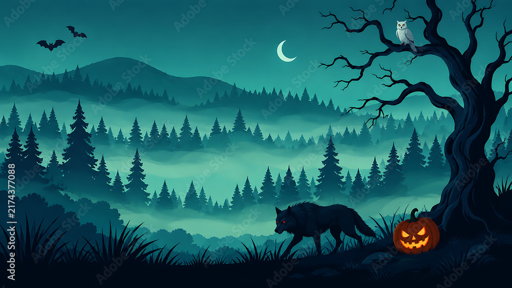 Fototapeta premium Spooky Halloween Forest With Black Wolf Red Eyes And White Owl
