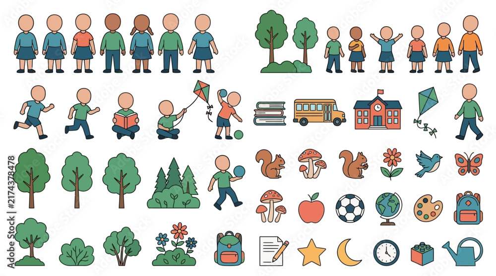 Fototapeta premium Colorful vector illustration depicting children trees and school supplies on a white background