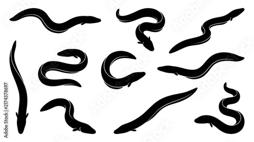 Fotografie Black eel silhouette collection with various swimming sea snake poses