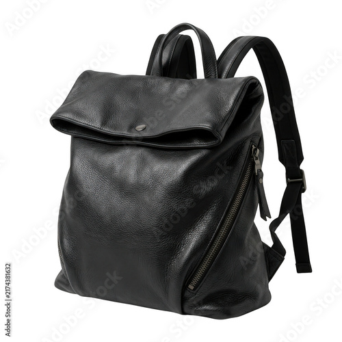 Modern black leather rolltop backpack isolated on transparent background