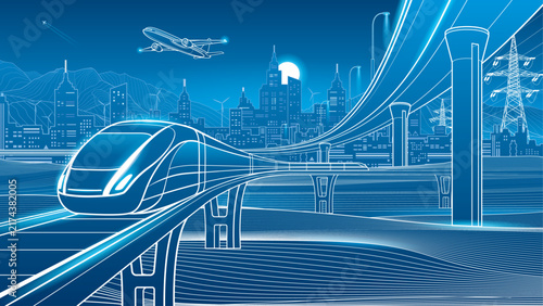 Futuristic high speed train traveling through a modern smart city with elevated railway, urban skyline, power lines, wind turbines and airplane. Technology illustration representing future transport