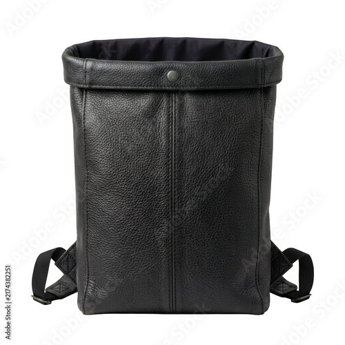 Minimalist black pebbled leather rolltop backpack isolated on transparent background
