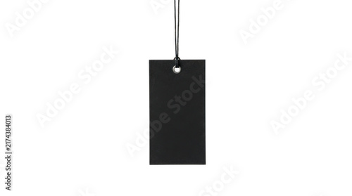 Black rectangular price tag with string isolated on transparent background
