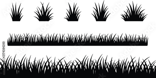 Collection of black grass silhouettes and patches of lawn in various shapes and sizes isolated on a white background, for nature and, landscape projects