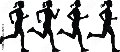Photography Sequence of black silhouettes showing a woman running in different stages of mot