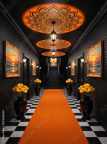 Stylish hotel hallway showcasing a bright orange carpet and unique wall art design