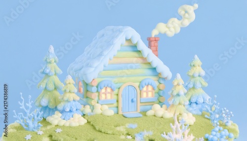 Whimsical log cabin with snowy roof and smoking chimney surrounded by pastel trees during a gentle winter fantasy